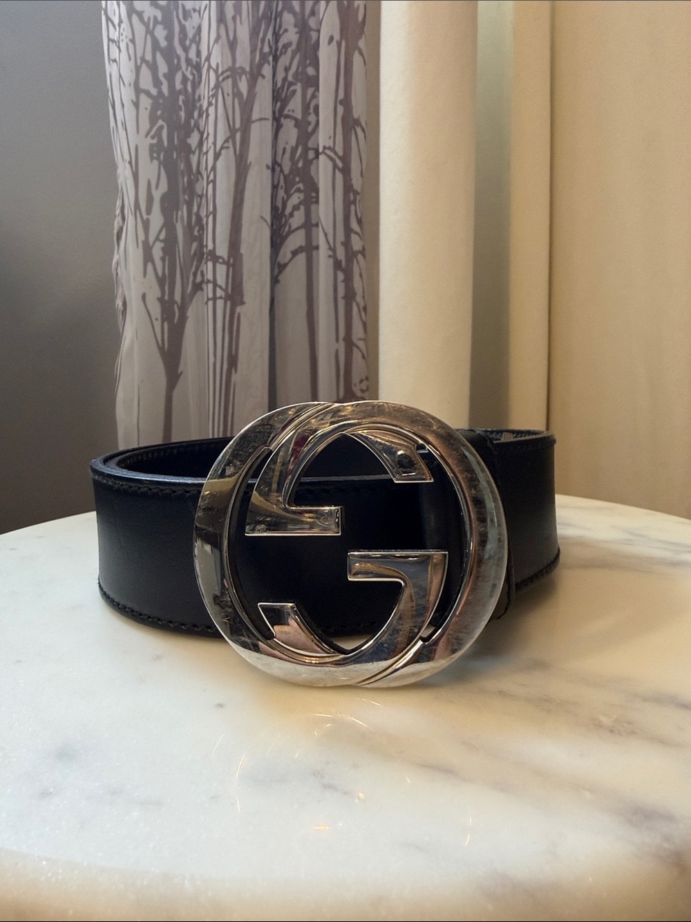 Authentic GUCCI Interlocking G Belt – Black Leather / Silver Buckle | Size Small
